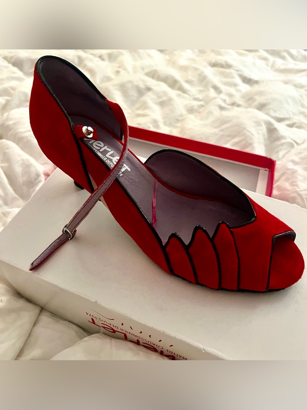 Merlet Paris 'Danube' Red Suede Peep Toe Ballroom Dance Heels Sz 39